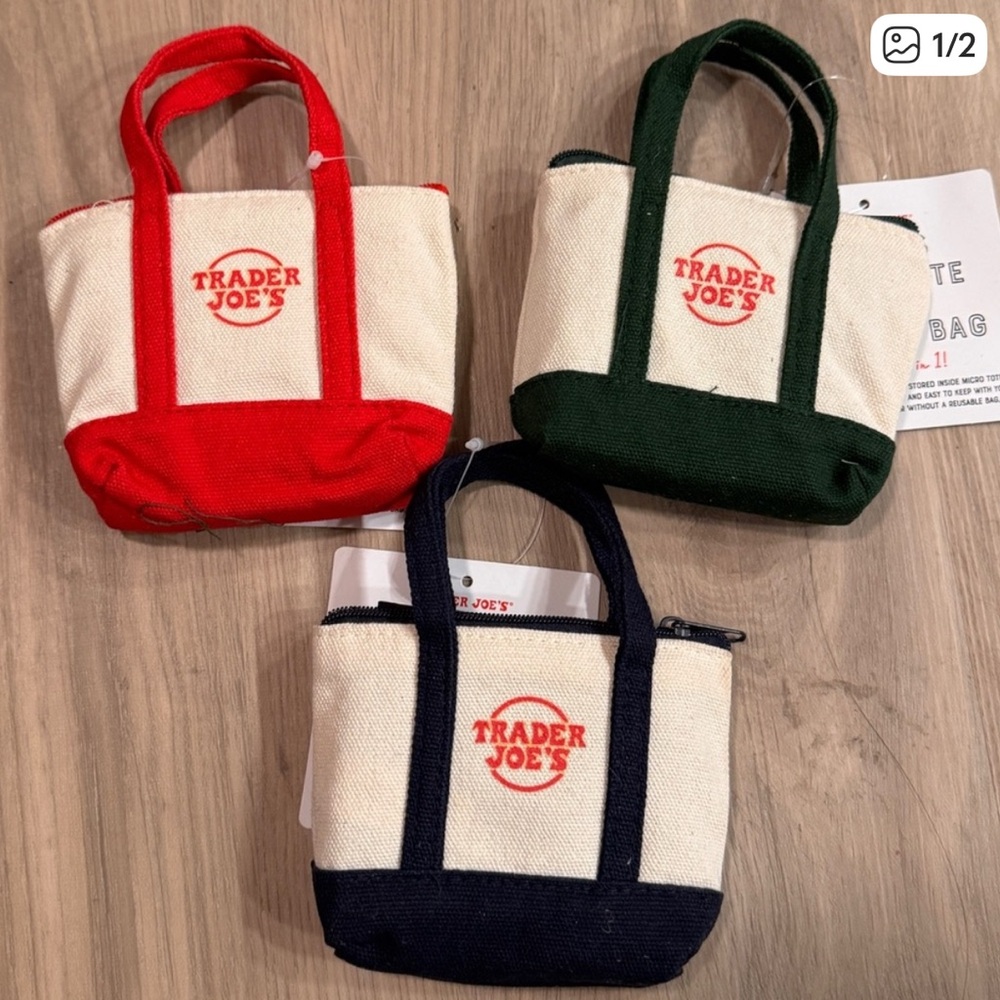 All 3 Trader Joe's Mini Tote Bag Set - Red, Green, and Blue